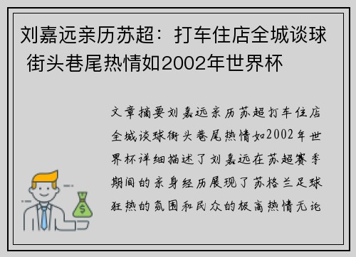 刘嘉远亲历苏超：打车住店全城谈球 街头巷尾热情如2002年世界杯