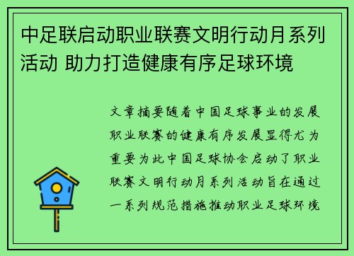 中足联启动职业联赛文明行动月系列活动 助力打造健康有序足球环境
